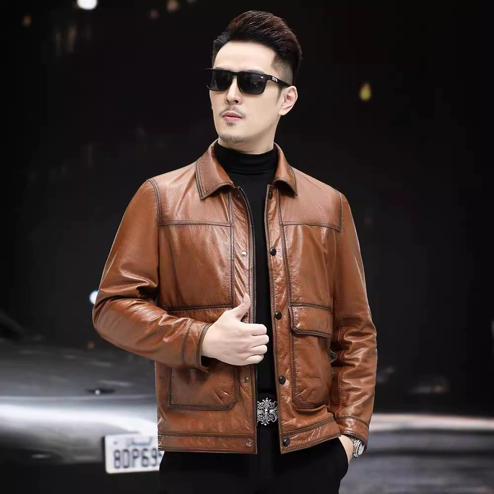 Leather short fitted liner with down, jacket, genuine leather, cowhide