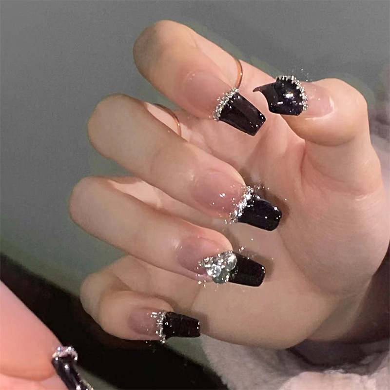 Strictly Choose Black French Long Wearing Armor Rhinestone Chain Sweet Cool Love Nail Art Removable Fake Nail Finished Products