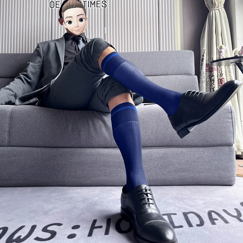 Мужские деловые высокие чулки в полоску, сексуальный ультратонкий костюм, кожаные туфли с носками до икры