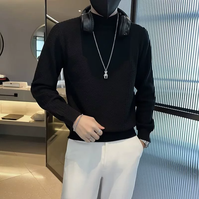 Мужской эластичный цветной вязаный демисезонный базовый свитер, slim fit