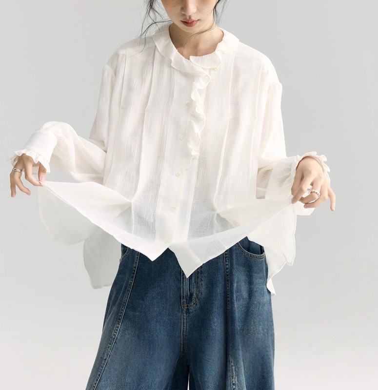 「白苗工作间」"流光里斯本"木耳边领法式白衬衫女设计感优雅衬衣|undefined