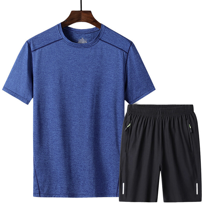 Traje de verano de seda helada de talla extra grande para hombre, camiseta fina de cuello redondo de secado rápido, pantalones cortos deportivos holgados, traje moderno para hombre