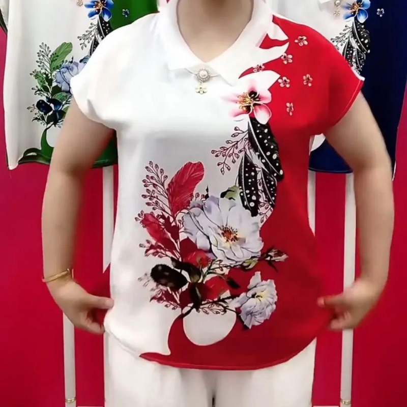 2024 Summer New Short-sleeved Shirt Short Doll Collar Printe..