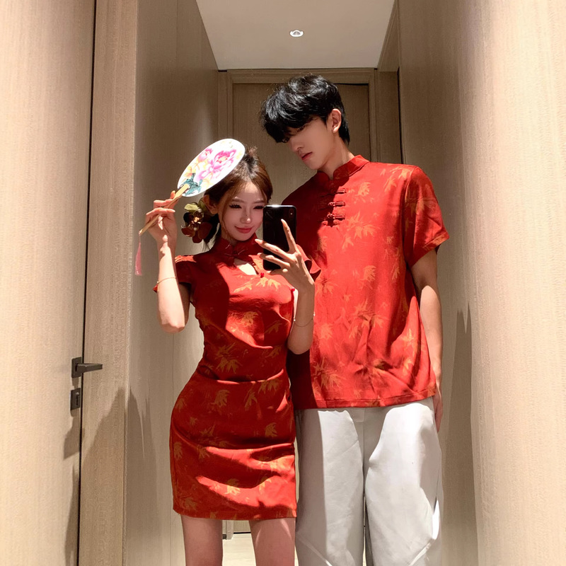 New Chinese-Style Couple Outfits for Summer, New Tang Suits and Hanfu with a High-End Design, One Top and One Skirt, Qipao Dress and Shirt
