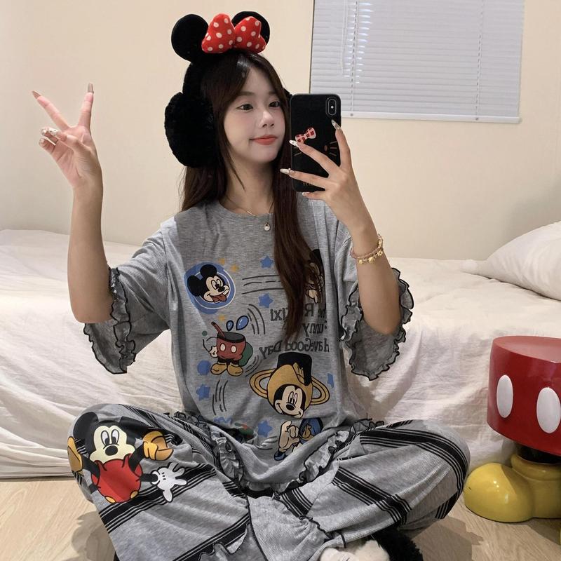 【现货】米奇木耳边短袖睡衣女款夏季宽松慵懒条纹长裤家居服套装|undefined