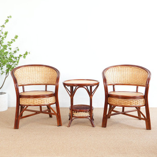 Leisure Balcony Indonesian Rattan Chair Three-piece Set Real Rattan Table and Chair Coffee Table Combination Living Room Outdoor Courtyard Rattan Chair Home
