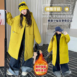 女童秋冬长款过膝羽绒棉服夹棉保暖棉衣中大童休闲棉袄小女孩棉衣