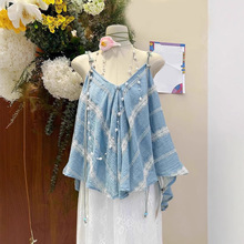 海岛度假风V领宽松娃娃衫女2025年夏季新款不规则蓝色小吊带上衣