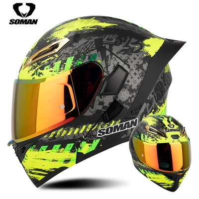Motosiklet kaskı (dəbilqə) — full helmet double lens exposure - black-fluorescent-yellow-spark-with-revo-red-gold-s