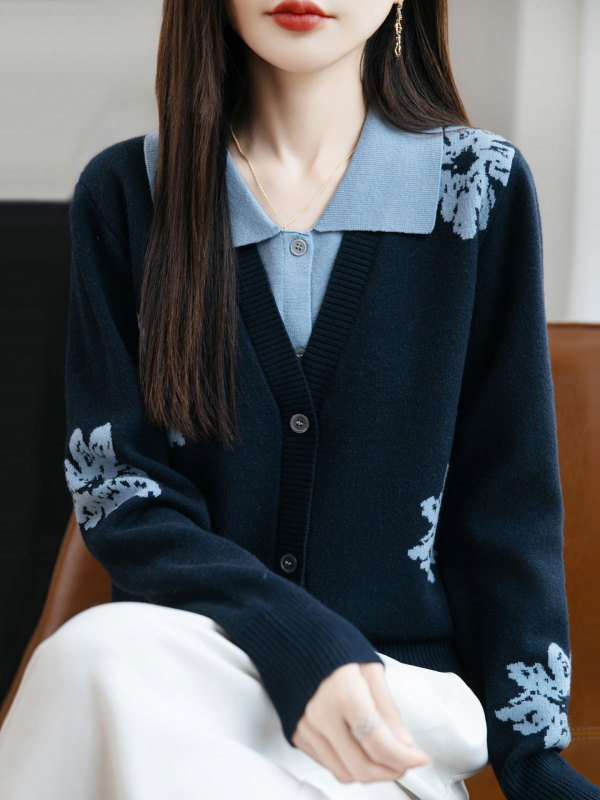 【厂家直供】翻领假两件毛衣针织开衫外套女秋季新款提花减龄外搭|undefined