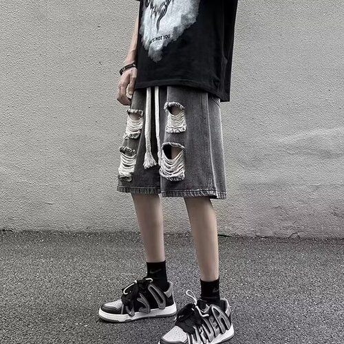 Men's Summer Thin Hole Five-Piece Denim Shorts, Japanese Style, Elastic Waist, Loose, Retro Streetwear Brand Casual Straight Leg Pants