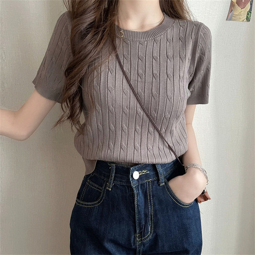Retro round neck short sleeve t-shirt sweater women's thin 2024 summer design slim short student top
