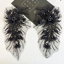 ZH379黑色雪纺钉珠蕾丝花新娘婚纱礼服diy装饰贴花布贴 头饰装饰