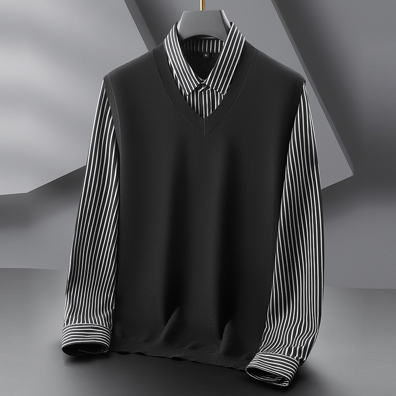 Fat Boy 2025 Autumn and Winter New Plus Size Fake Two-Piece Long-Sleeved T-Shirt Men's Lapel Loose Bottoming Sweatshirt