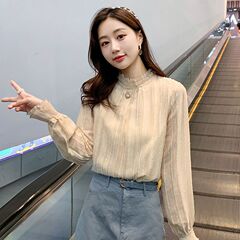 加绒雪纺衫女秋冬季新款蕾丝打底衫立领洋气长袖内搭T恤上衣