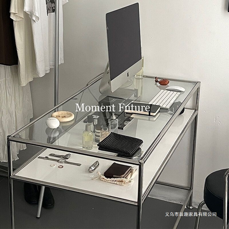 Nordic Glass Desk Light Luxury Stainless Steel Computer Desk Modern Simple Design Writing Desk Metal Manicure Dressing Table