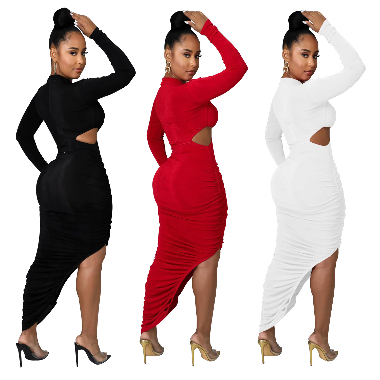 C6110 transfronterizo AliExpress Amazon moda europea y americana de las mujeres de color sólido plisado cuello redondo Vestido de manga larga vestido image 6