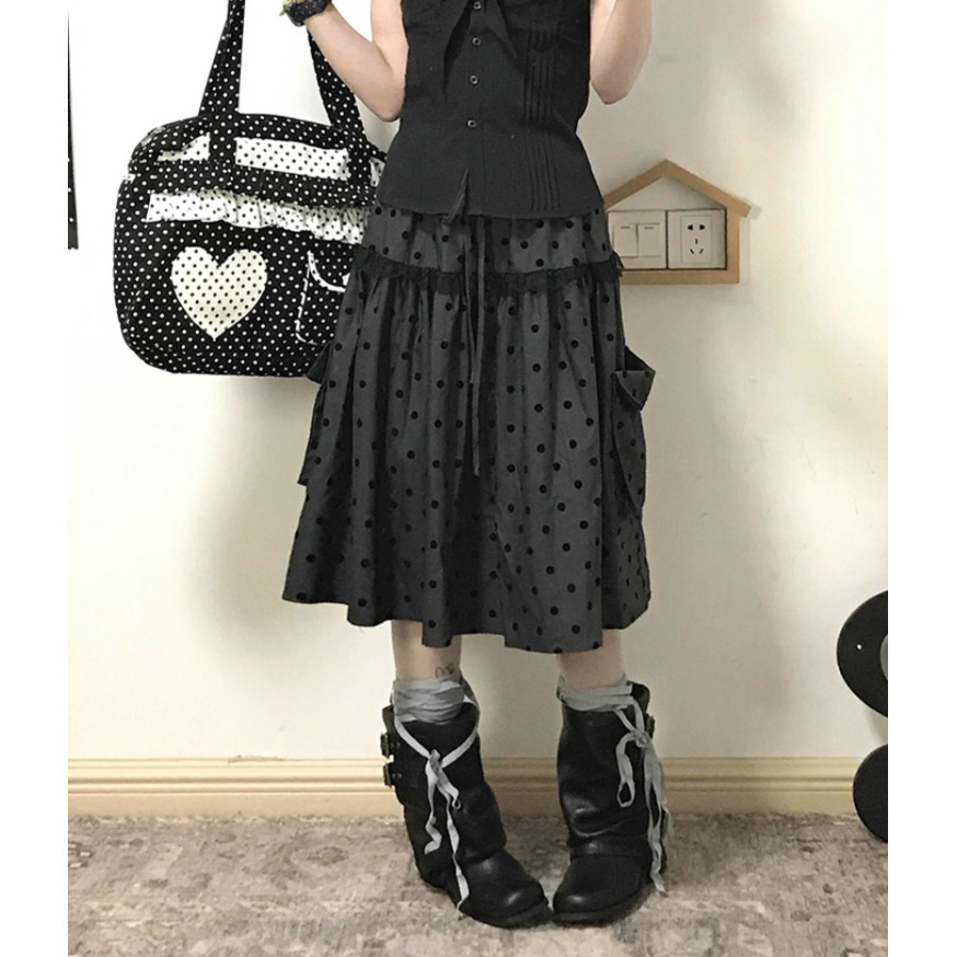 [Ready Stock] Elastic Waist Lined Flap Pocket Pants Korean Retro Polka Dot Skirt for Women Summer Millennium Hottie Loose