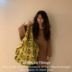 LittleChicThings原创早秋印度棉风小众柔蓝植物撞色大容量单肩包