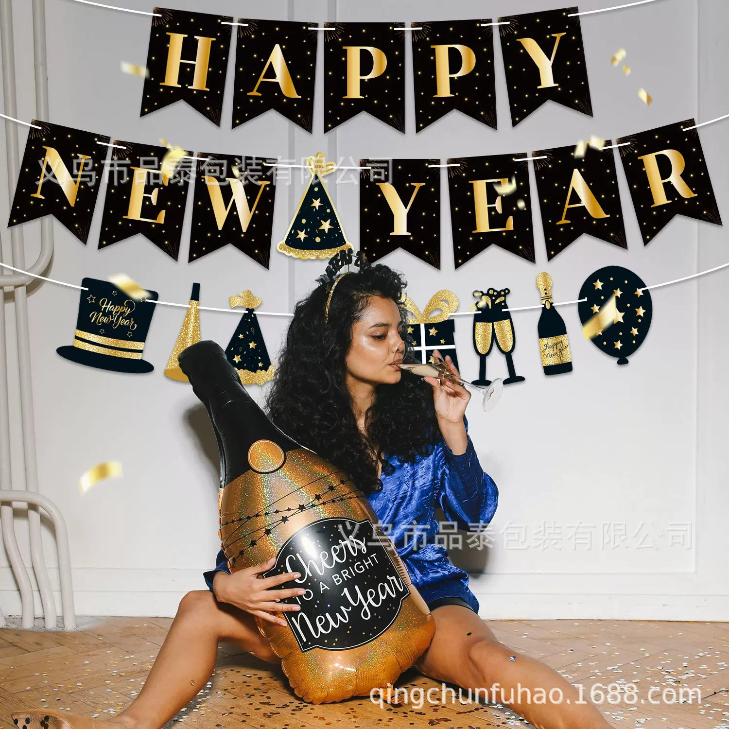 跨境新款新年派对拍照跨年帽子拉旗拉花派对装饰用品节日布置道具