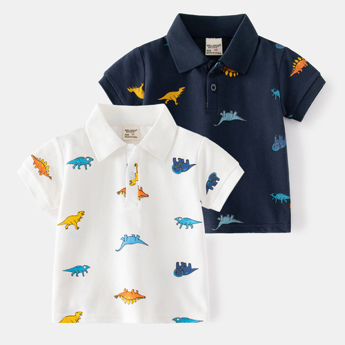 Summer New Cartoon Dinosaur Print Boys POLO Shirt Navy Casual Lapel Pique Cotton Children's Short Sleeve