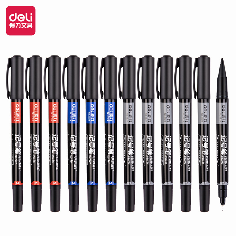 Deli 6824/6823 Marker Pen Double-Ended Fine Tip Oil-Based Black Marker for Logistics and Express Delivery