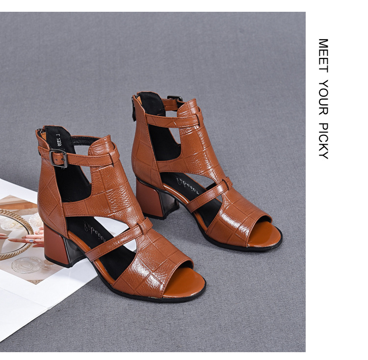 Sandal cao gót nữ da thật mũi hở kiểu Pháp gót vuông 9 cm — Màu nâu chi tiết 15