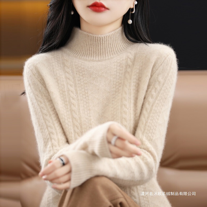 Autumn and Winter New Women's Wool Sweater Thickened Mock-high Collar Knitted Base Shirt Pullover Warm 100 Wool Top