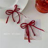 Cute red earrings, long crystal with bow with tassels, city style, internet celebrity