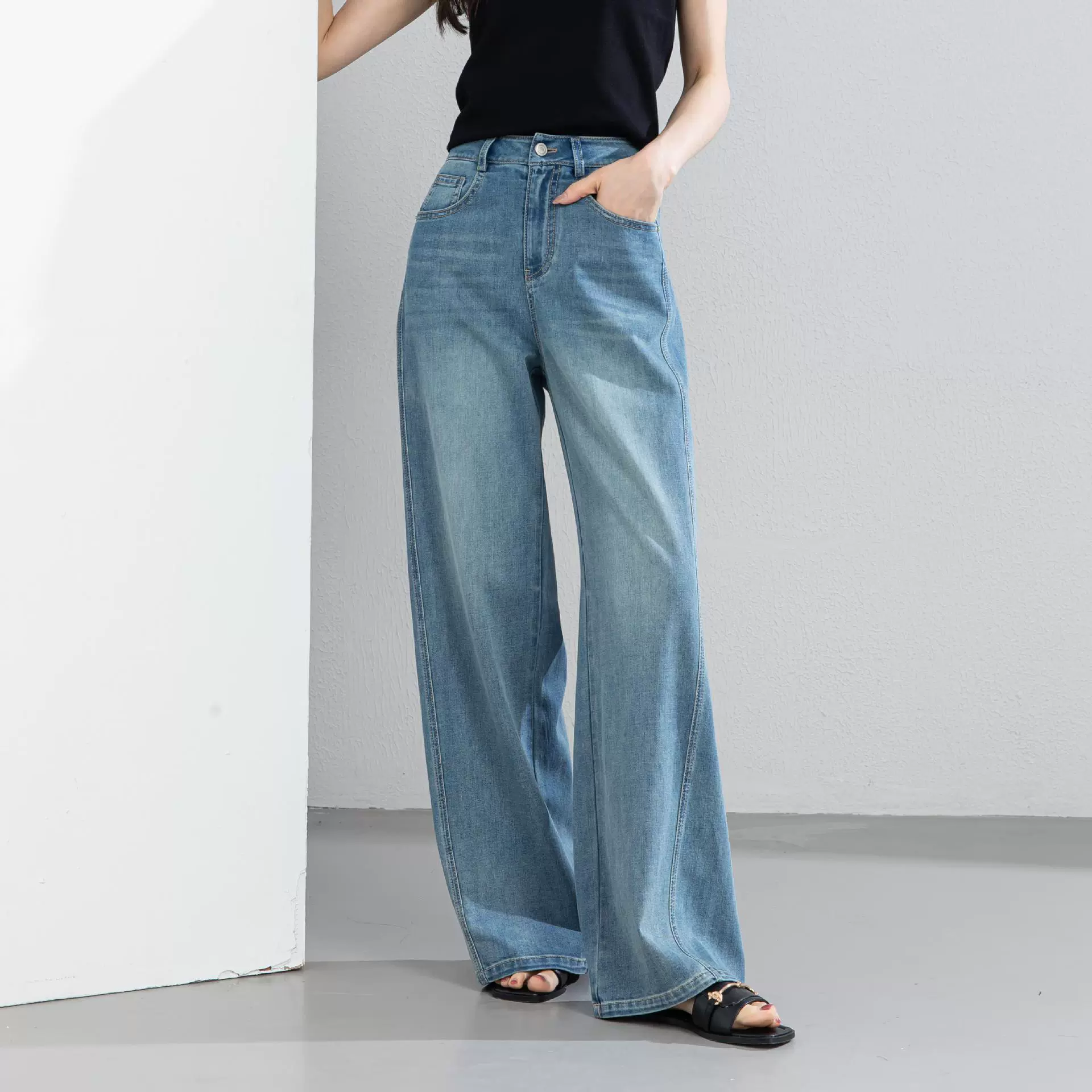 鑫阁天丝牛仔麻阔腿牛仔裤女2026夏季新款高腰垂感宽松直筒拖地裤