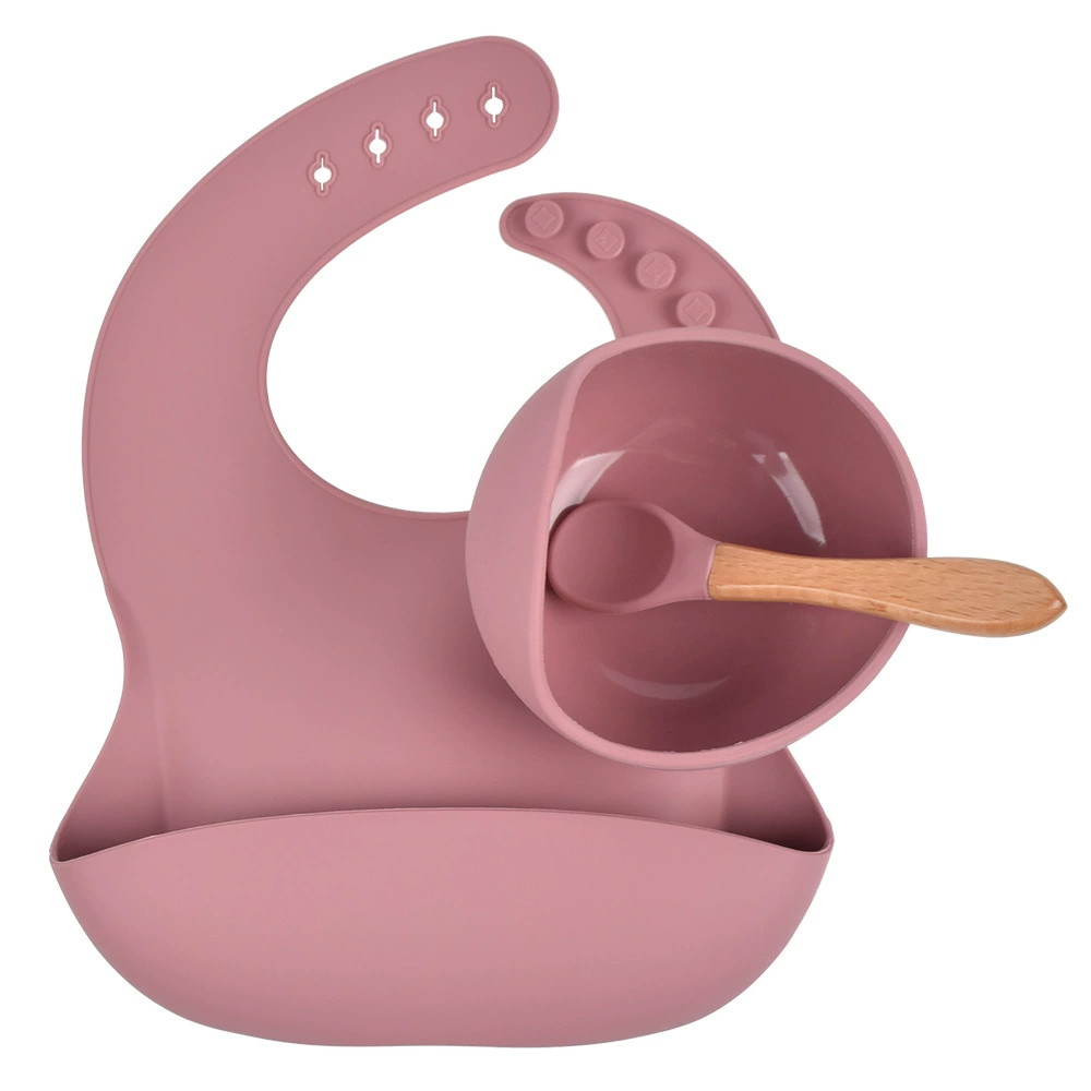 Silicone children's tableware set — bib, bowl and spoon with suction base, multi-color