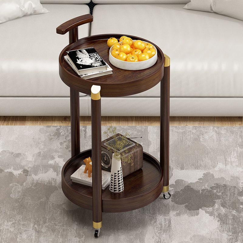 Round Coffee Table, Living Room Sofa, Mobile Side Table, Simple Double-Layer Corner Table, Retro Multi-Layer Storage Tea Rack, Trolley