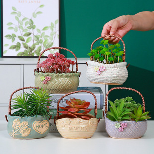 Portable Basket Hanging Basket Fleshy Plant Flower Pot Rattan Pot Ceramic Flower Pinch Simple Creative Pastoral Breathable Platter Flower Basket