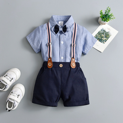 Export Trade Children's Clothing Wholesale British Waistband Pants Two-Piece Children's Clothes Baby Summer Thin Short-Sleeved Boys' Summer Wear