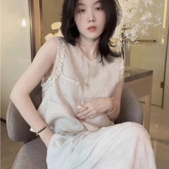 ノースリーブベスト綿とリネンのベストシャツ女性の夏のデザインニッチトップフレンチユニークでシックなラミーシャツ