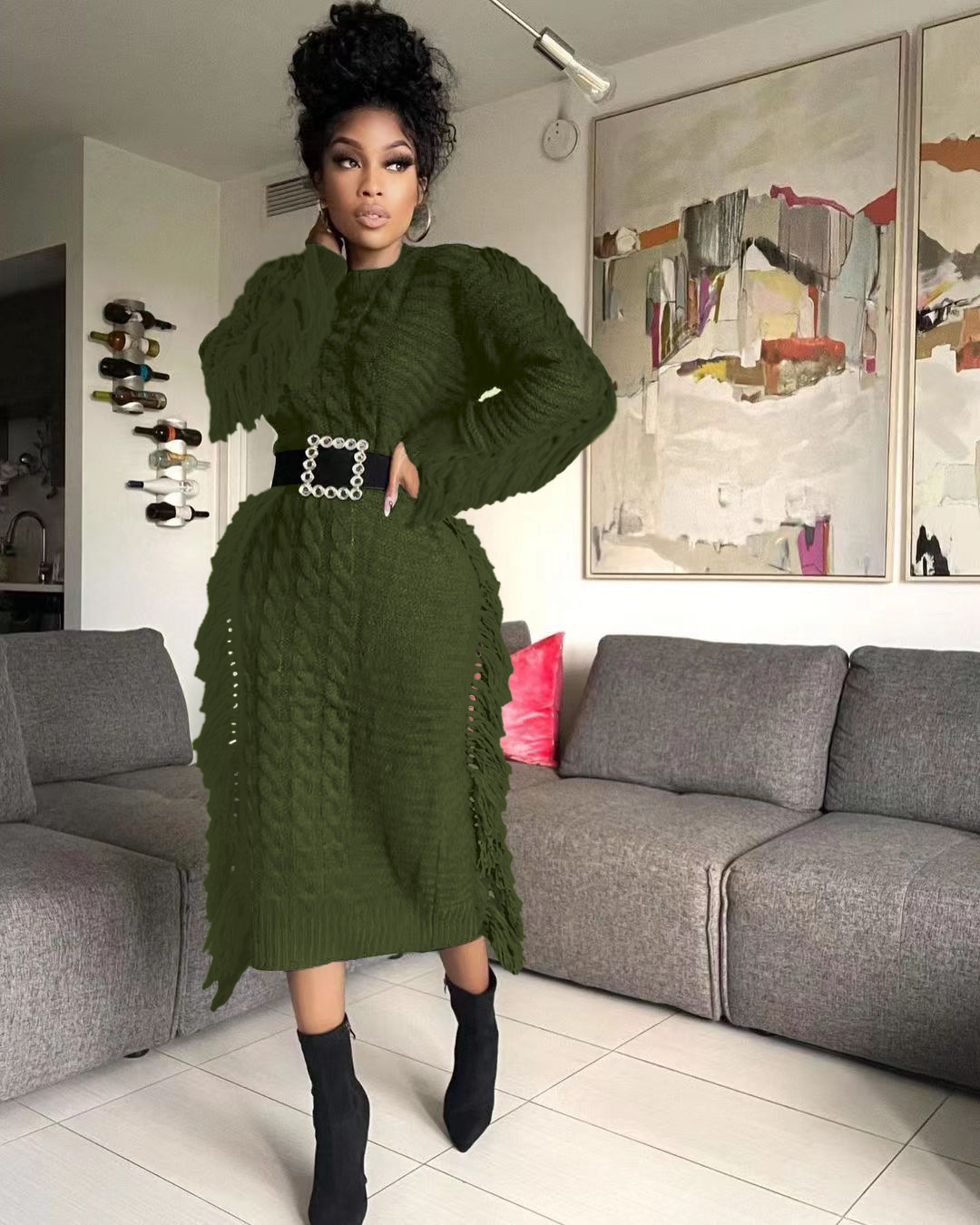 Robe pull femme avec franges longues en maille pour l'hiver_voghion.com