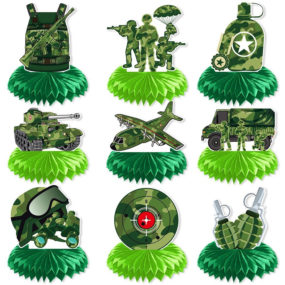 Nuevo tema militar cumpleaños decoración cumpleaños tire bandera camuflaje tire bandera espiral colgante pastel Tarjeta de inserción