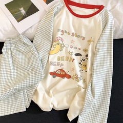 睡衣女春秋季纯棉长袖长裤休闲圆领卡通可爱家居服两件套可外穿女