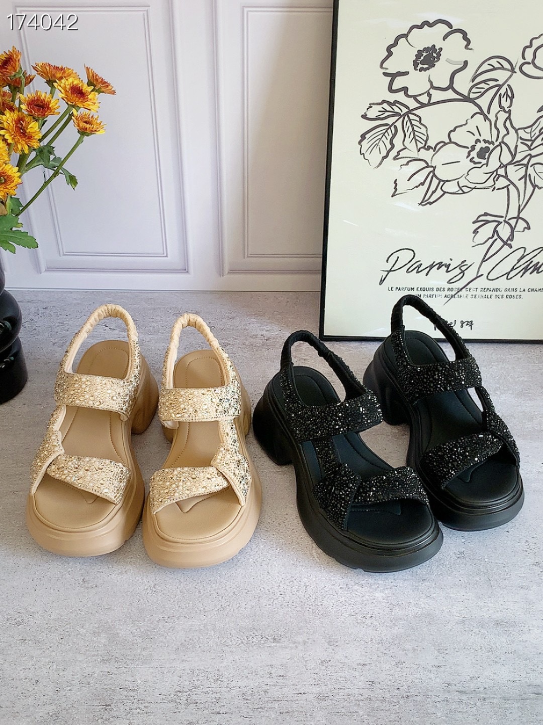 Dép sandal thể thao nữ đế dày tăng chiều cao phong cách Pháp — Màu đen, vàng chi tiết 12
