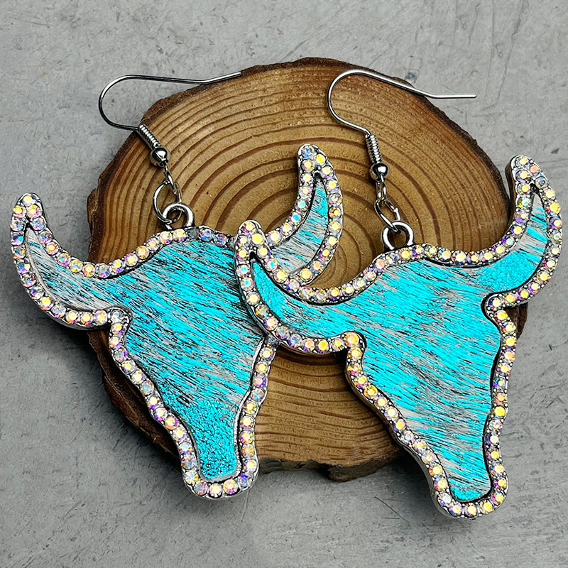 1 Paire Style Cow-boy Bull Tête Alliage Cuir Incruster Strass Femmes Boucles D'oreilles display picture 4