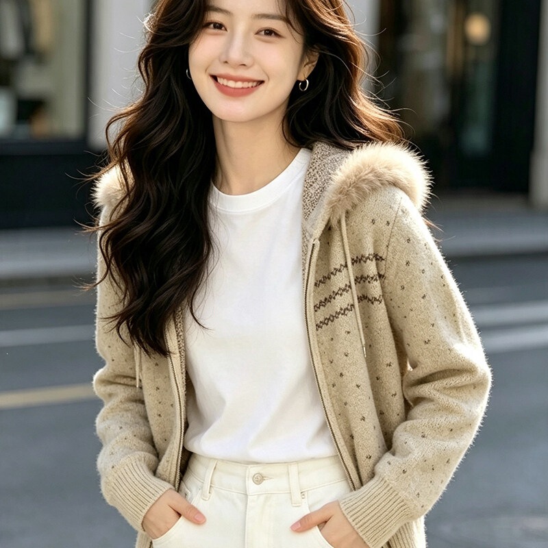 Women's oversized knit cardigan with a large fur collar, hood, and thickened design, perfect for fall and winter 2026, featuring a jacquard pattern Women's oversized knit cardigan with a large fur collar, hood, and thickened design, perfect for fall and winter 2026, featuring a jacquard pattern