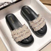 Slippers for women, summer fashion, 2026 new item, thick soled sponge cake beach shoes, women's pearl one letter plus size 41-43 trendy