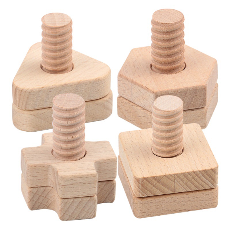 Bebé forma geométrica de los niños a juego acumulación tuerca de madera combinación tornillo de madera juguete carpintería material al por mayor