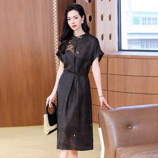 25杭州真絲老料香雲紗女夏季改良旗袍桑蠶絲國風氣質立領連衣裙