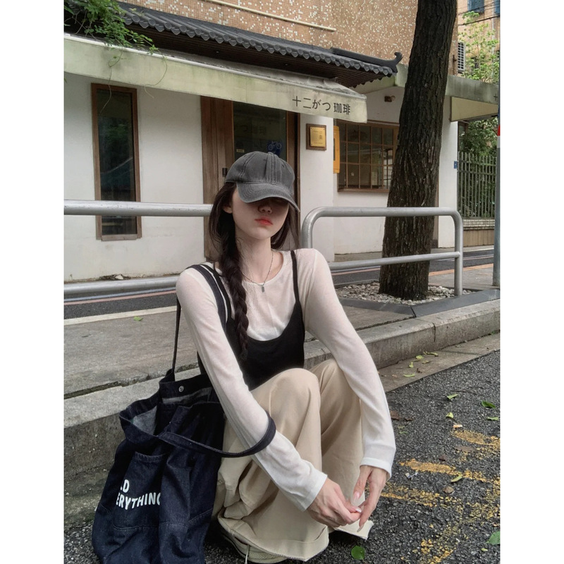 Black and White Long-Sleeved Knitwear for Women Early Autumn 2025 Sexy Slimming Look Strappy Bottoming Thin Two-Piece Top