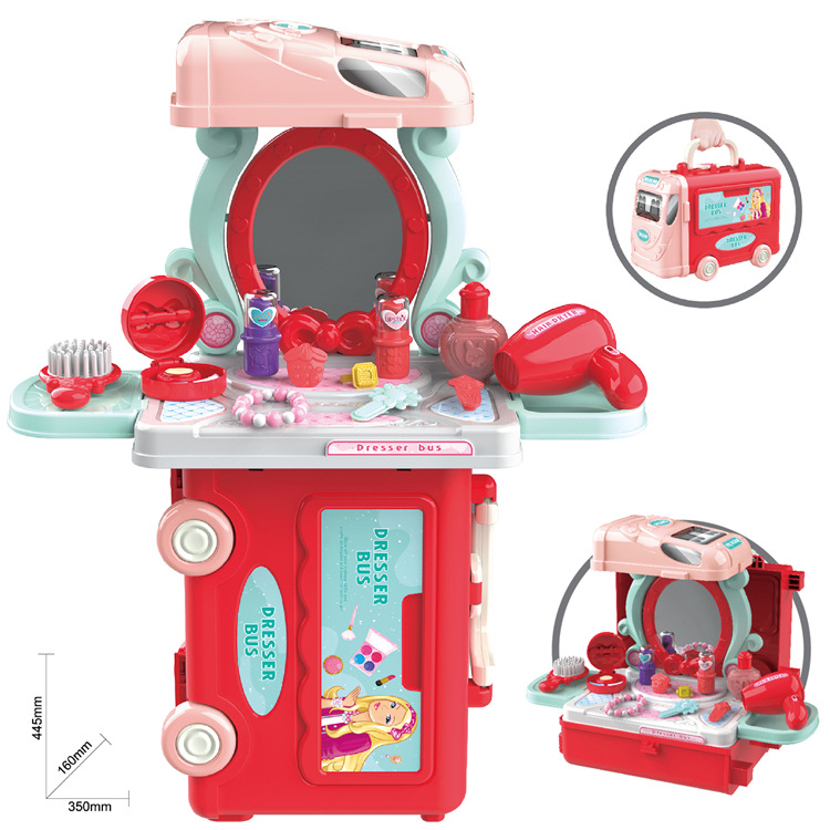 Simulación de niños transfronterizos 3-en-1 autobús cocina vajilla herramientas de maquillaje juego de juego casa maleta doctor juguete