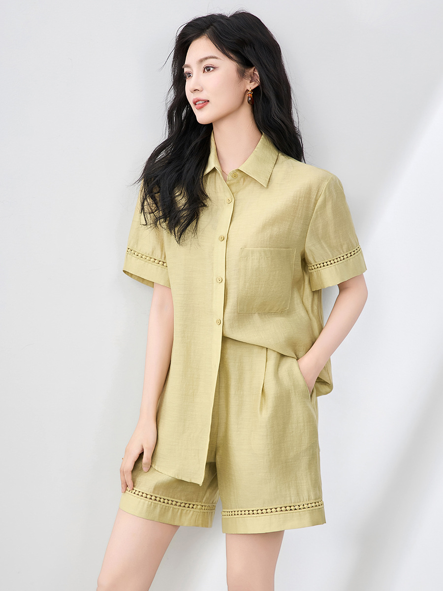 Áo sơ mi khoác pha vải lanh Tencel tay dài + quần short rộng thùng thình bộ hai mảnh mùa hè — Màu trắng
