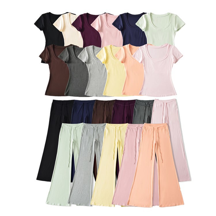 Summer U-Neck Short-Sleeve T-Shirt with Low-Waist Drawstring Flared Pants Casual Sports Set for Women, Made of Modal Cotton