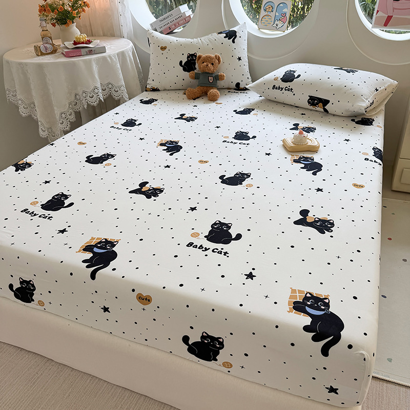 Korean Style Cartoon Printed Washed Cotton Single Bed Hat Skin-Friendly Breathable Bed Sheet Comfortable Bedspread Mattress Dustproof Protective Cover