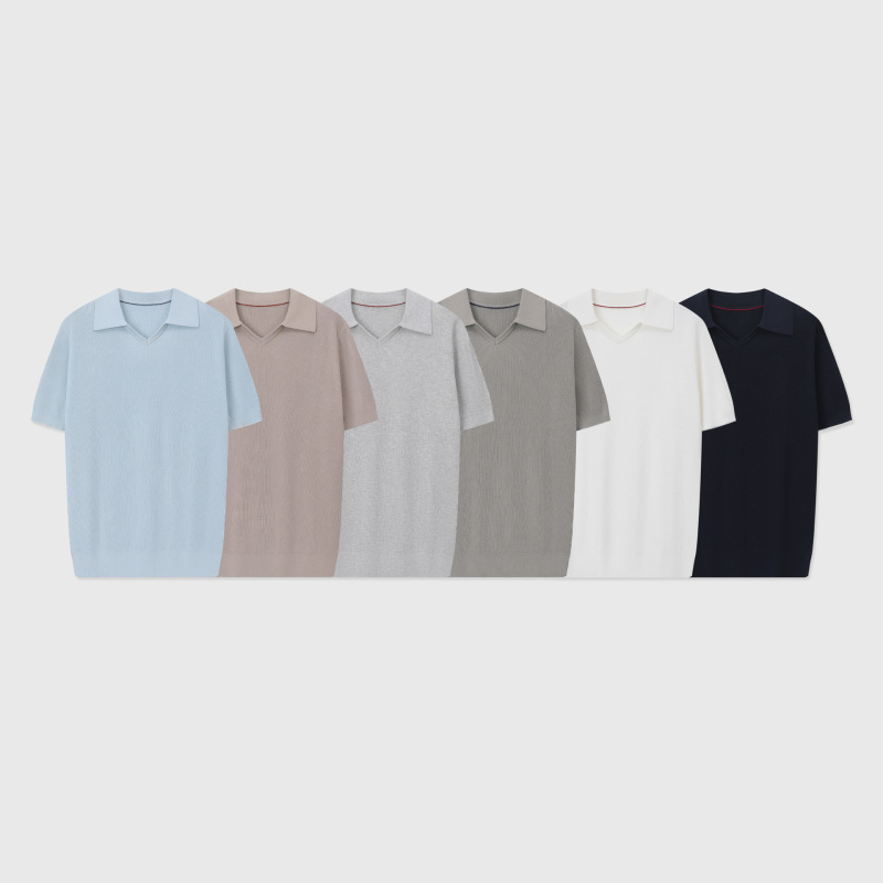 Bc Bc Old Money Style Linen-Cotton Blend English-Style Seagull Collar V-Neck Casual Knit Polo Shirt Men's Short-Sleeve Shirt